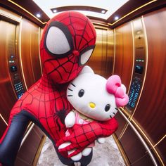 hello kitty and spiderman hug each other in the elevator