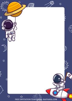 an astronaut and his spaceman are flying on the rocket with a blank sheet for text