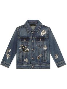 Dolce & Gabbana Kids crystal-embellished Denim Jacket - Farfetch Spring Denim Embellished Outerwear, Spring Embellished Denim Outerwear, Embellished Long Sleeve Denim Jacket For Fall, Long Sleeve Embellished Denim Jacket For Fall, Embellished Long Sleeve Denim Outerwear, Denim Rhinestone Long Sleeve Outerwear, Denim Outerwear With Rhinestones And Long Sleeves, Fall Denim Jacket With Rhinestones, Long Sleeve Denim Outerwear With Rhinestones