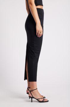 A smooth maxi skirt crafted from the brand's softest fabric contours to your silhouette for a look that easily transitions from the office to evening. 37" length (size Medium) Partially lined Concealed-elastic waist 75% nylon, 25% spandex Machine wash, tumble dry Imported Maxi Length Bottoms For Party, Office Long Stretch Pencil Skirt, Relaxed Wide Leg Maxi Skirt For Night Out, Fitted Maxi Length Bottoms With Side Slits, Wide Leg Maxi Skirt For Night Out, Party Maxi Skirt With Lining, Fitted Midi-length Bottoms For Office, Fitted Maxi Skirt For Workwear, Stretch Full Length Pencil Skirt For Work