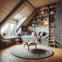 an attic bedroom with wooden floors and white walls, built - in bookshelves