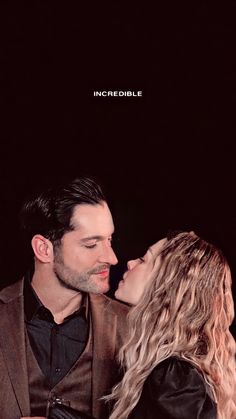 a man and woman kissing each other in front of a black background with the words incredible written on it