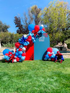 Blue, Red, light Blue Balloons, Wooden Backdrop Panels Marvel Birthday Balloons, Spidey And Friends Balloon Garland, Spidey And His Amazing Friends Balloon Garland, Spider Man Birthday Backdrop, Spidey And His Amazing Friends Balloons, 5th Birthday Decorations For Boys, Spider Man Balloon Garland, Spidey Birthday Party Decorations, Spider Man Backdrop Ideas