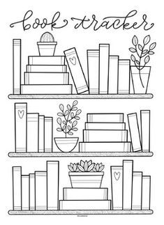 a book shelf with books and potted plants on it that says, book tracker