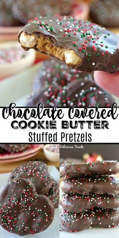 chocolate covered cookie butter stuffed pretzels with sprinkles on the side