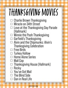 the thanksgiving movie list is shown in orange and white checkered paper with words on it