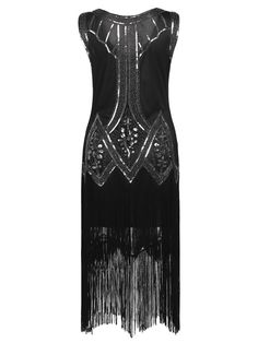 1920s Beaded Fringed Flapper Dress – Retro Stage - Chic Vintage Dresses and Accessories 1920s Sleeveless Flapper Dress For Costume Party, Vintage Fringe Flapper Dress, Vintage Flapper Dress For Night Out And Party Season, Vintage Sleeveless Flapper Dress For Night Out, Vintage Summer Flapper Dress For Night Out, Rhythm Dress, Black Flapper Dress, Rumba Dresses, Beaded Fringe Dress