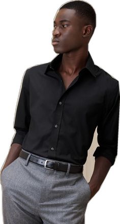 Semi-formal Black Cotton Shirt, Black Cotton Semi-formal Shirt, Black Cotton Collared Dress Shirt, Elegant Black Cotton Dress Shirt, Summer Business Dress Shirt With Fold Down Collar, Black Cotton Dress Shirt For Spring, Fitted Cotton Dress Shirt For Fall, Classic Summer Dress Shirt For Work, Summer Long Sleeve Poplin Shirt