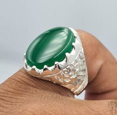 Natural Dark Green Aqeeq Ring, Agate Stone, Real Aqiq Akik Stone Beautiful Handmade Ring Design 925 Sterling Silver Ring Best Quality Agate Stone Used As you can guess by pictures Premium Quality Silver Ring Resizing is free. All ring sizes are available FedEx international shipping priority, We have fast delivery service as you can guess by reviews Please contact if you have any query Note: I've uploaded ring video. Video is recorded in daylight. So you can guess stone and ring quality easily. Green Onyx Rings For Gift, Green Onyx Rings For Gifts, Green Polished Gemstones For Gift, Green Gemstones With Polished Finish For Gift, Polished Green Gemstones For Gifts, Aqeeq Ring, Men Jewellery, Gifts Men, Ring Video