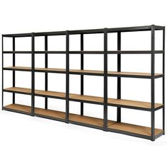 an industrial shelving unit with four shelves on each side and one shelf below it