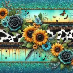 a painting of sunflowers and other flowers on a cow print border with butterflies