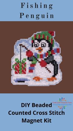 Fishing Penguin Mill Hill Counted Cross Stitch Glass Bead Magnet Ornament Kit  Makes 1 Magnet  Size - 2.5" x 2.75"  Kit contents:  - Mill Hill Glass Beads  - Mill Hill 14ct perforated or painted perforated paper  - Mill Hill Glass or Crystal Treasure  - Floss  - Needles  - Magnet  - Chart Penguin Christmas, Stitch Gift