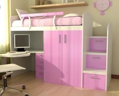 a pink and white bunk bed sitting next to a desk