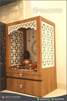 Temple unit designed by Mona Interiors - Pune 9823333484 Mini Tv Unit Design, Mini Mandir Design, Temple For Home Indian, Simple Temple Design For Home, Wooden Temple Design For Home Indian, Wood Temple Design, Mandir Arch Design, Wooden Mandir Design, Temple Unit