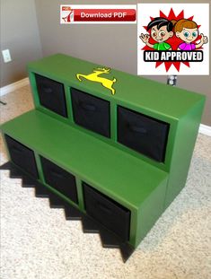 a green bench with three black drawers on top and a kid approved sticker above it