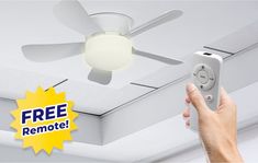 a person holding a remote control in front of a ceiling fan with the text free remote