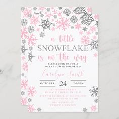 a snowflake baby shower is on the way with pink and gray snowflakes