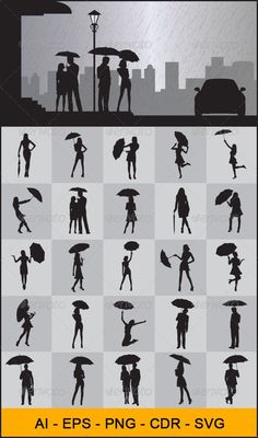 the silhouettes of people with umbrellas in different poses