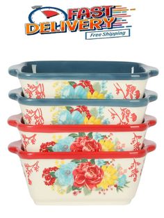 four flowered dishes stacked on top of each other with the fast delivery logo above them