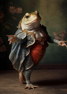 a frog dressed up in a costume standing on one leg and holding his hand out