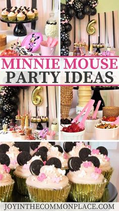 a minnie mouse party with cupcakes and decorations