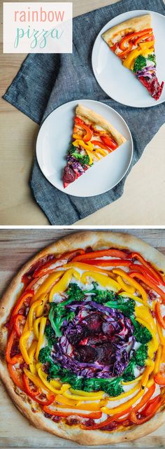 rainbow pizza with cheese and vegetables on it, next to the same piece of pie