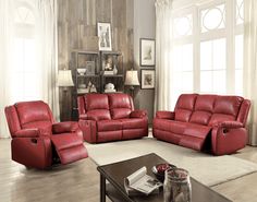 Zuriel Red Faux Leather Reclining Sofa - Ornate Home Leather Reclining Loveseat, Cheap Living Room Sets, Faux Leather Sofa, Sofa And Loveseat Set, Leather Reclining Sofa, Red Sofa, Leather Living Room Set, Leg Support, Ornate Furniture