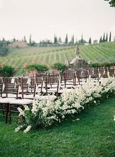 rows of chairs lined up in the grass with white flowers on each row and greenery behind them