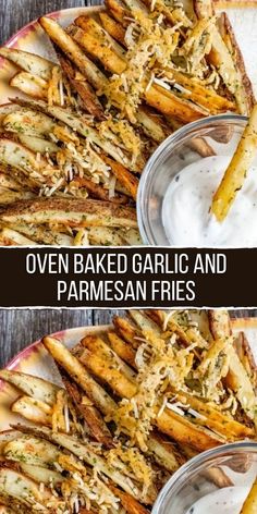 oven baked garlic and parmesan fries on a plate with ranch dip in the middle