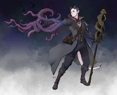 an anime character holding a staff and standing in front of a giant octopus on a foggy night