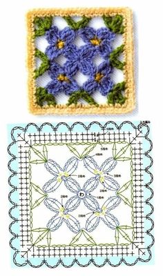 crocheted square with flowers on it and another photo of the same square in different colors