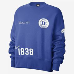 Marked with details that celebrate the year your school was founded, this roomy sweatshirt is all about celebrating the Blue Devils and their history at Duke. Made with our midweight brushed fleece, it feels extra soft on the inside and smooth on the outside to help you stay cozy as you show out for your team on game day and every day. Duke College, Duke Blue Devils, Blue Devil, Stay Cozy, Active Wear For Women, Game Day, Nike Women, The Year, Crew Neck Sweatshirt