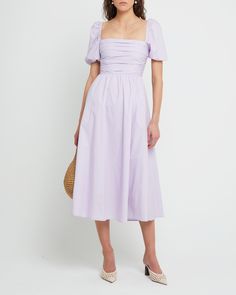 Lilac Dresses For Women, Few Moda Dress, Evening Party Dress Classy Knee Length, Summer Dresses Puff Sleeve, Lavender Dress Midi, Waist Defining Dress, Midi Puff Sleeve Dress, Light Purple Midi Dress, Modest Purple Bridesmaid Dresses