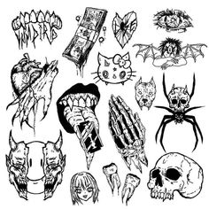 a bunch of tattoos that are drawn in black ink on white paper, including skulls and cats