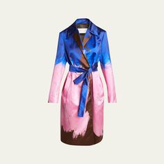 Dries Van Noten "Roltas" coat in abstract motif Notch lapels Long sleeves Side slip pockets Belted waist Relaxed fit Cotton/silk Viscose lining Made in Poland Abstract Motif, Belted Coat, Pocket Belt, Dries Van Noten, Bergdorf Goodman, Cotton Silk, Poland, Pink Blue, Tops Designs