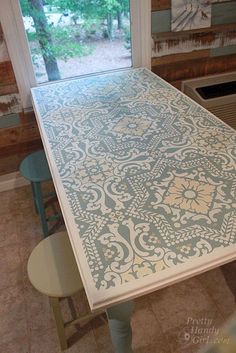 a kitchen table with an intricate design on it