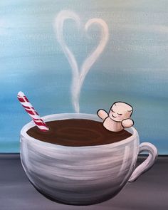 a painting of a cup with hot chocolate and a candy cane