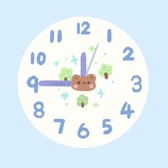 a white clock with blue numbers and a brown teddy bear on it's face