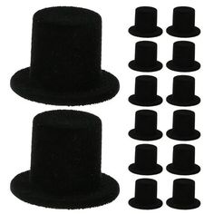 a black top hat and several other hats