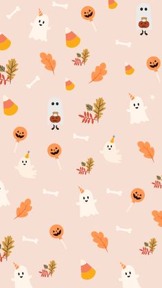 a pink background with lots of pumpkins, leaves and ghost faces on it's sides