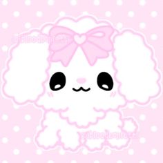 a pink and white sheep with a bow on it's head, sitting in front of a polka dot background