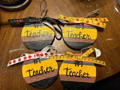 Calling all Educators and Teachers! Here we have hand painted #1 Teacher Wood Slice ornaments, painted to look like cute pencils! Each ornament has its own unique ribbon as well! Perfect gift for any teacher/educator out there during this holiday season! Cute Pencils, Ornaments Painted, Wood Slice Ornaments, Painted Ornament, Pencil Painting, Wood Slice Ornament, Painted Ornaments