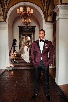 20 Burgundy Wedding Ideas - LADY WEDDINGS Carondelet House Wedding, Wedding Groomsmen Attire, Burgundy Tuxedo, Wedding Tux, Mens Wedding Attire, Groom Wedding Attire, Practical Wedding