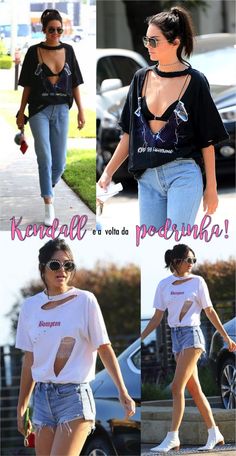 Estilizando sua blusa - podrinha - como uma Kardashian (ou Jenner) - Fashionismo Distressed Shirt Ideas, Crop A Tee Shirt Diy, Ways To Cut A Shirt Into A Crop Top, Tshirt Into Crop Top Diy Tees, Oversized Tshirt Into Crop Top Diy, How To Turn A Big Tshirt Into A Crop Top, Diy T Shirt Ideas, Diy Shirt Ideas, Diy Cut Shirts