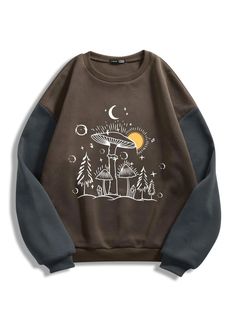 Mushroom Moon, Women Sweatshirts, Cute Lazy Outfits, Lazy Outfits, Mocha Brown, Moon Print, Character Outfits, Mens Sweatshirts Hoodie, Brown Fashion