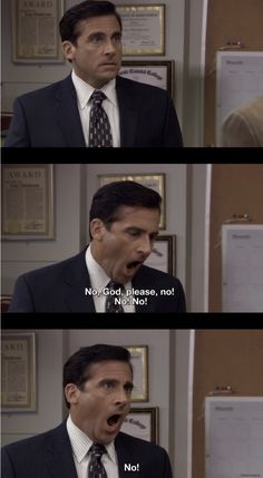 the office is shown in two different languages, with one man making a funny face