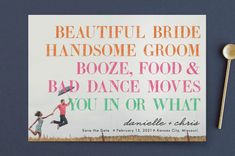 a brochure with an image of two people holding hands and the words beautiful bride handsome groom booze, food & bad dance moves you in or what you'll