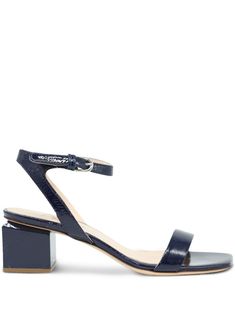 navy blue calf leather patent finish silver-tone hardware square open toe single toe strap buckle-fastening ankle strap 60mm sculpted heel branded leather insole leather outsole Sleek Leather Sandals With Glossy Finish, Sleek Glossy Leather Sandals, Modern Patent Leather Sandals With Stacked Heel, Modern Sandals With Glossy Finish And Open Heel, Modern Glossy Finish Open Heel Sandals, Glossy Patent Leather Ankle Strap Sandals, Designer Patent Leather Block Heel Sandals, Designer Patent Leather Sandals With Block Heel, Evening Sandals With Stacked Heel In Patent Leather