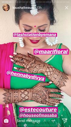 a woman with henna on her hands and the words in different languages above her