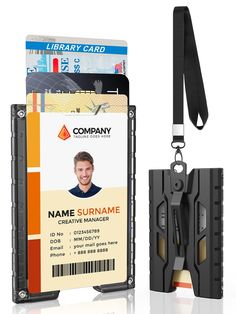 a id card holder and lanyard with a name badge attached to it, on a white background